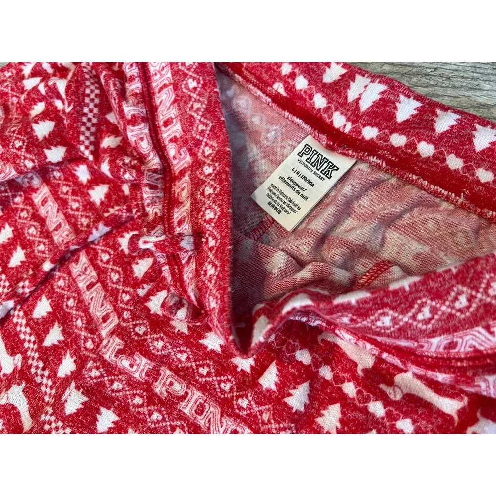 PINK Victorias Secret Pajama Set Large Red Fair Isle Dog Logo 2 pc PJ Set Nordic